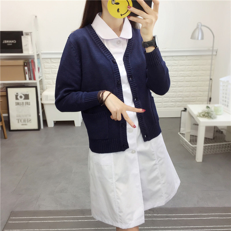 新款护士毛衣外套开衫女夜班加厚加绒外穿藏蓝色v领短款针织外套