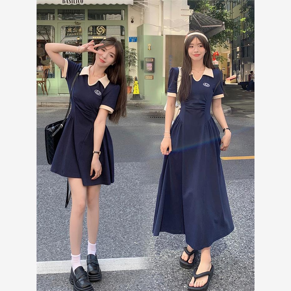 大码polo领连衣裙女2025夏季新款胖mm收腰A字显瘦遮肚裙子长裙