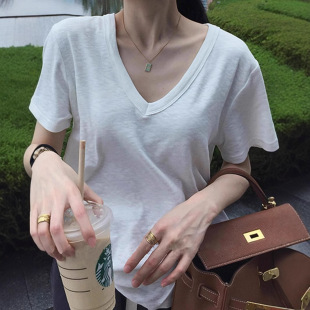 白色竹节棉正肩短袖 t恤女夏季 百搭冷淡系感短款 上衣v领休闲打底衫
