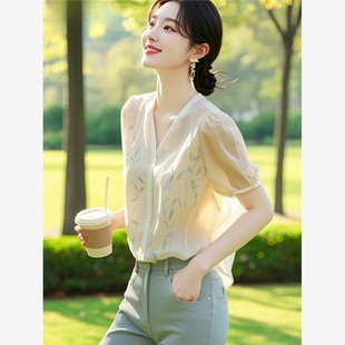 女夏季 2024新款 小清新短袖 氣質(zhì)優(yōu)雅印花小衫 V領(lǐng)上衣 雪紡襯衫 法式