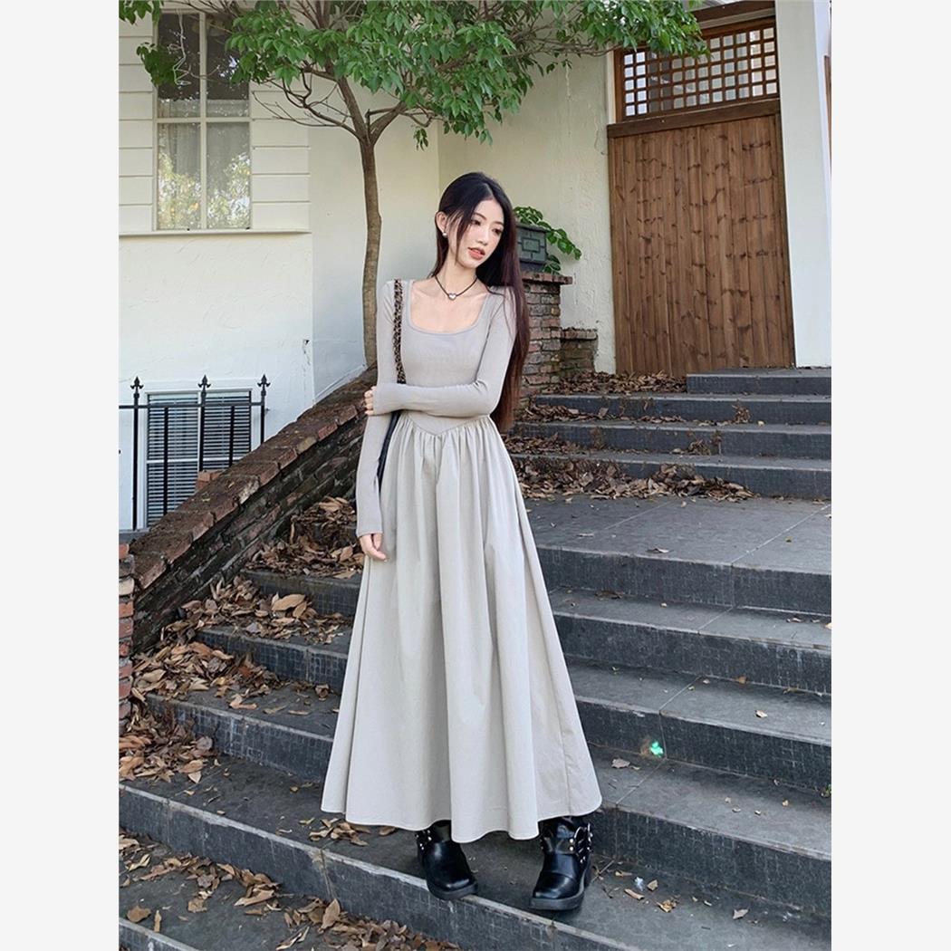赫本风法式方领长袖连衣