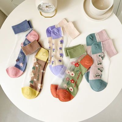 袜子女透气春夏季薄款短袜水晶玻璃冰丝袜蕾丝彩色花边短筒袜