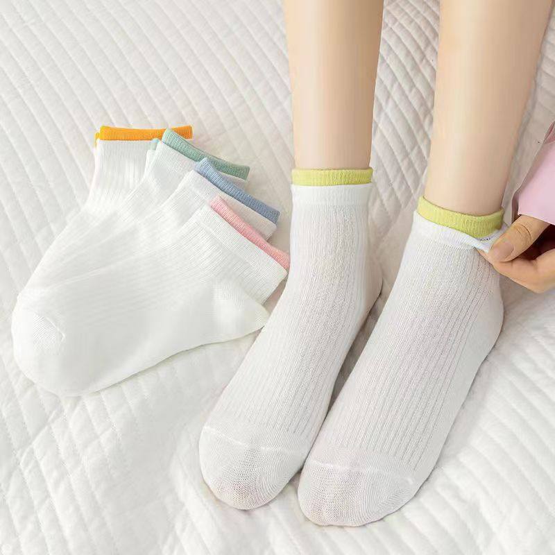 袜子女白色拼接袜子双层口短袜女款ins简约百搭小清新短款女士袜