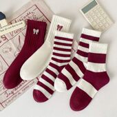 袜子女春秋款 蝴蝶结酒红色女中筒条纹百搭学院风安可拉红中筒袜