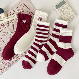 袜子女春秋款蝴蝶结酒红色女中筒条纹百搭学院风安可拉红中筒袜