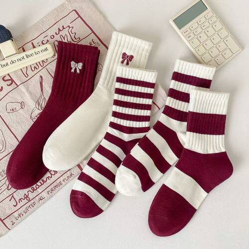 春秋蝴蝶结酒红中筒袜