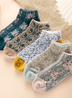 复古国潮短袜女低帮船袜绣花文艺宫廷袜港风民族风抗袜子女socks