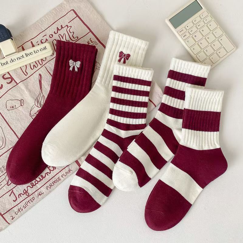 安哥拉红袜子蝴蝶结酒红色女中筒条纹春秋女款秋季安可拉红中筒袜