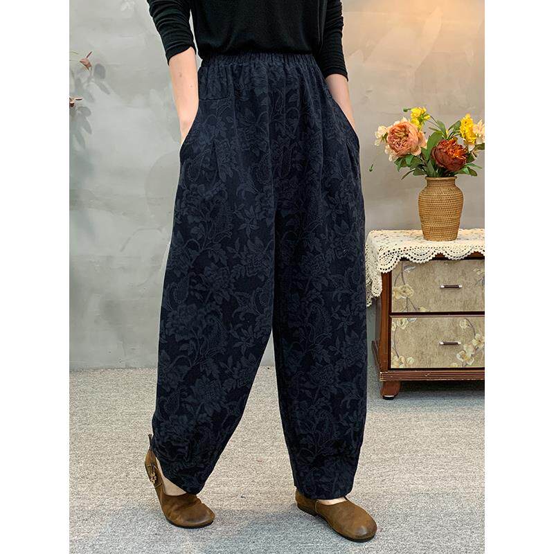 民族风复古棉麻提花萝卜裤女秋冬新中老年妈妈高腰阔腿灯笼哈伦裤