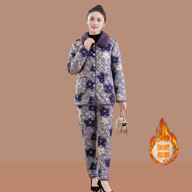 妈妈冬装套装新款加绒加厚保暖睡衣洋气中老年女装棉衣棉裤两件套