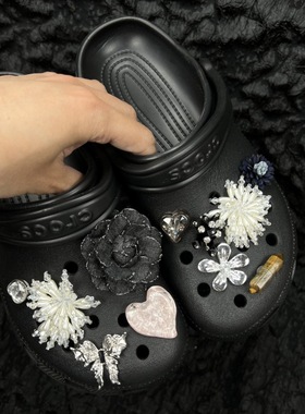 夏天清凉风流苏水晶花鞋扣diy牛仔布艺黑色大花鞋个性百搭鞋花