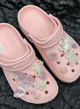 新款洞洞鞋扣炫彩蝴蝶紫色系列境复古洞洞鞋配饰鞋花可拆卸珍珠花