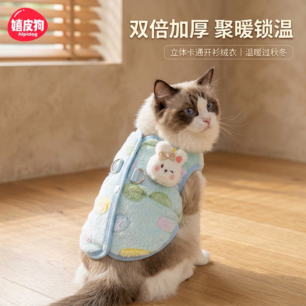 猫咪衣服秋冬加厚马甲猫咪狗狗小型犬开衫背心自带牵引扣保暖冬装