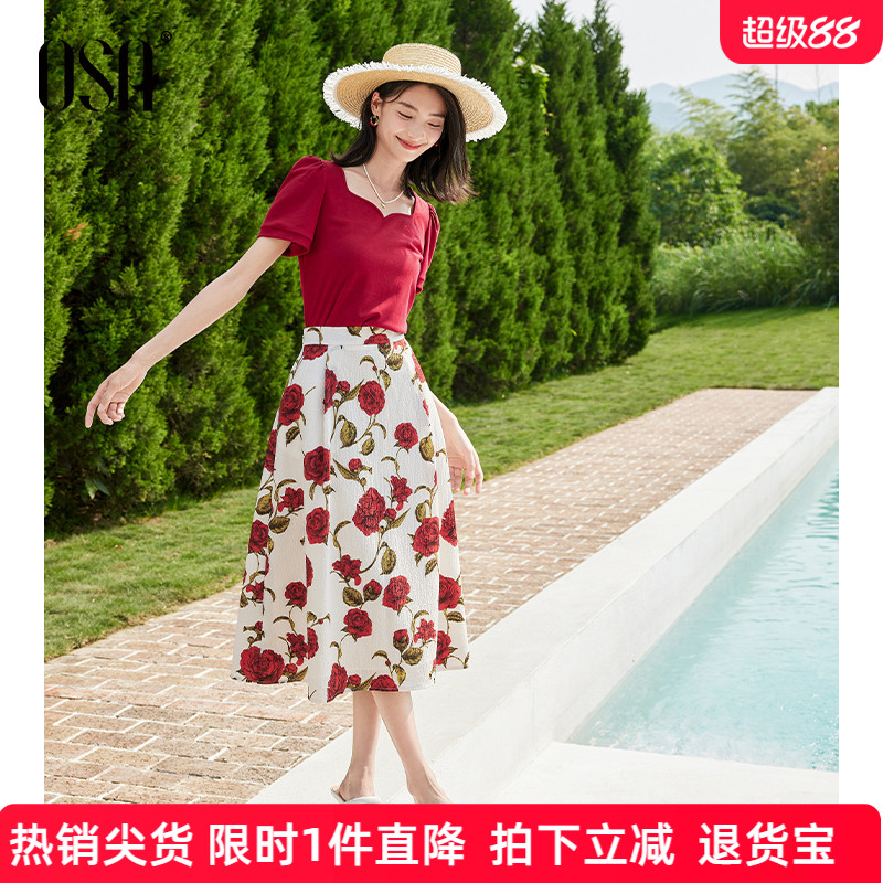 欧莎法式浪漫玫瑰花连衣裙