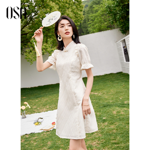 OSA欧莎新中式气质国风连衣裙女夏装小香风法式改良旗袍裙子短袖