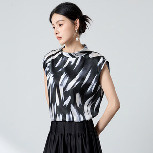 轻奢风真丝弹力缎无袖 女黑白晕染印花显瘦遮肉高级感上衣 立领衬衫