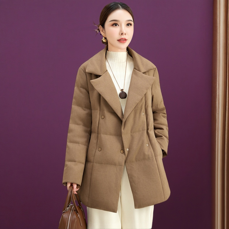 西装领A字版系带白鹅绒羽绒服女