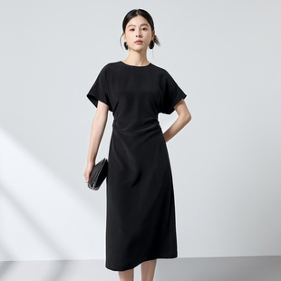 2026款 收腰圆领显瘦气质OL通勤风小黑裙 夏优雅黑色连衣裙女中长款