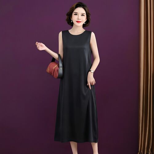 2026夏新款桑蚕丝连衣裙新中式复古纯色真丝时尚妈妈无袖背心裙子