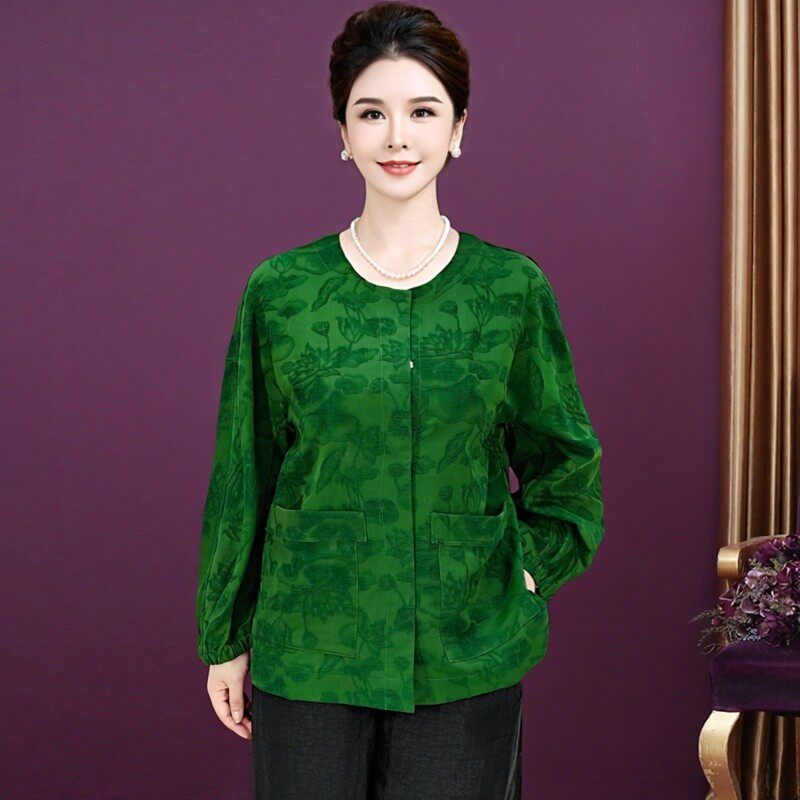 圆领刺绣上衣真丝桑蚕丝衬衫新中式中老年女装绿色2026年春季新款
