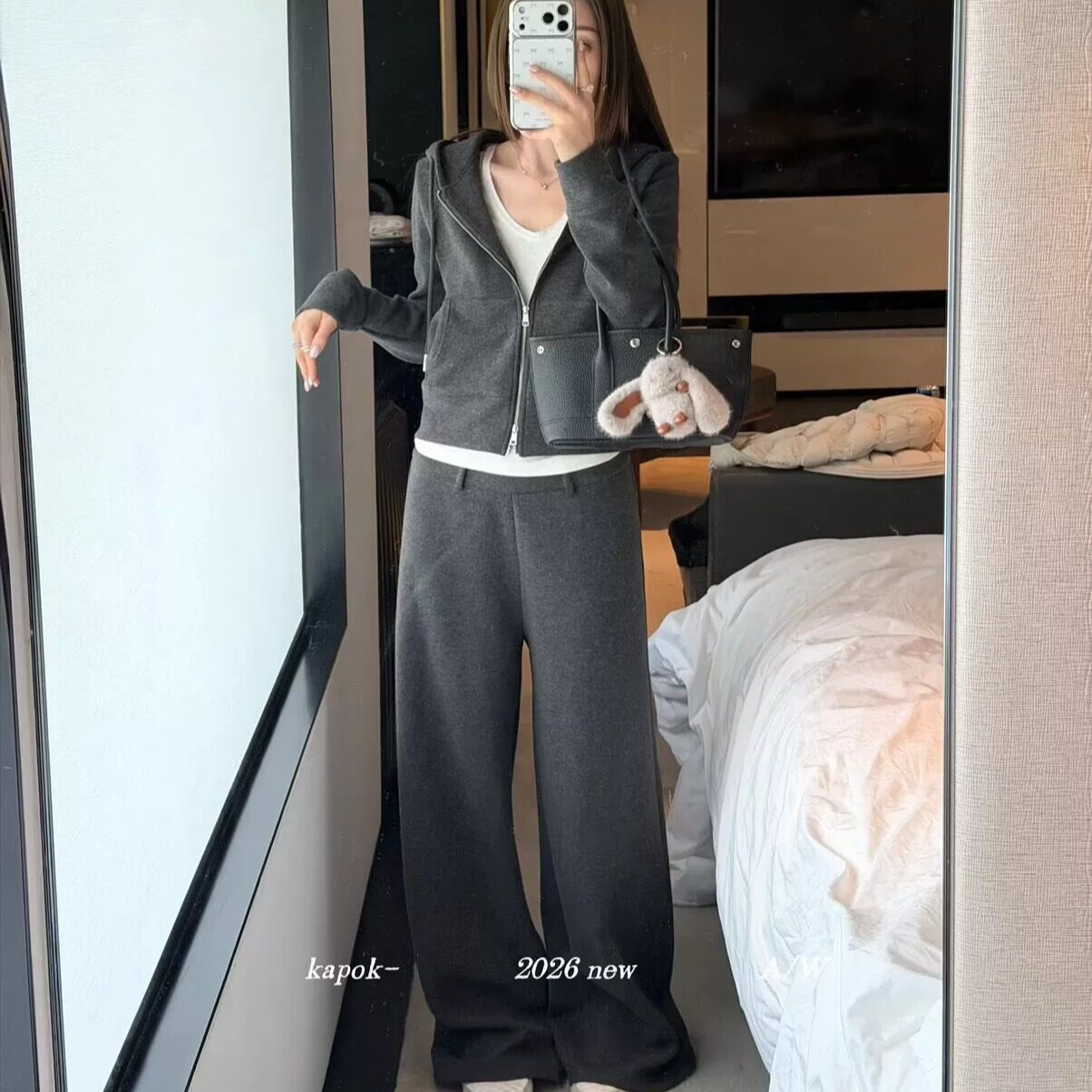 KAPOK秋冬新款连帽拉链卫衣短外套+百搭阔腿休闲裤 两件套 套装女