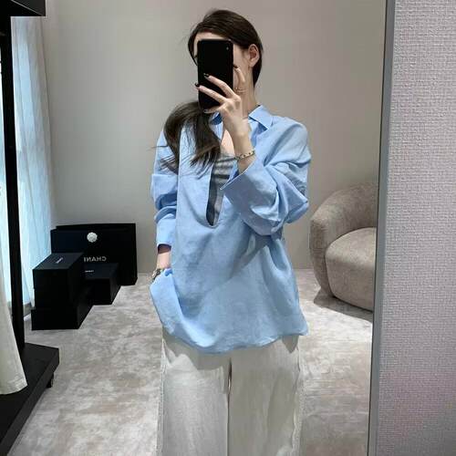韩版宽松深V领长袖衬衫+内搭背心
