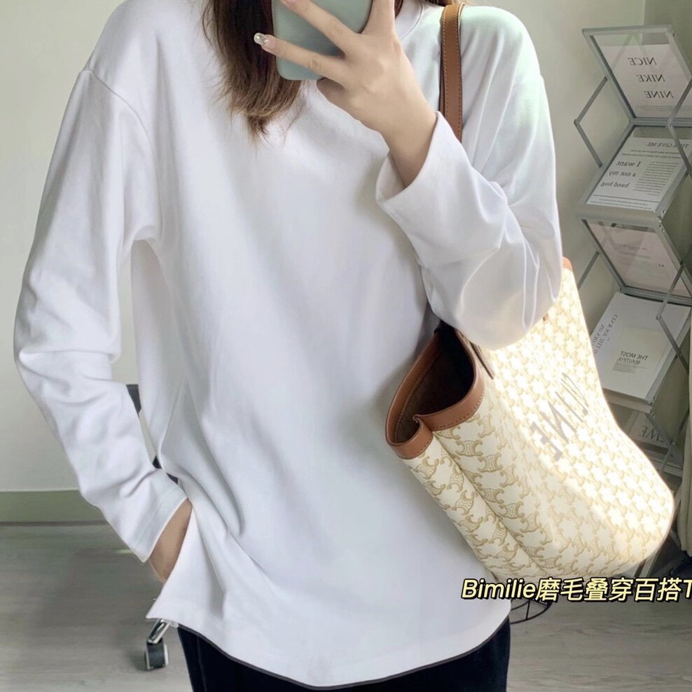 Bimilie加厚磨毛叠穿百搭白色T恤女2025秋冬新款打底衫长袖上衣