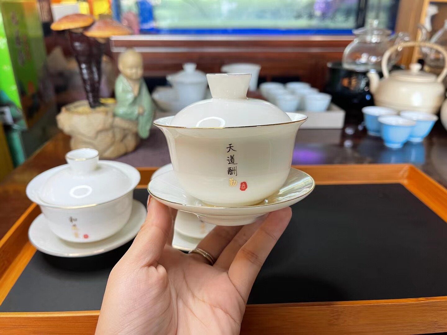 德化羊脂玉盖碗 三才茶碗  潮汕特色 写意字随机发