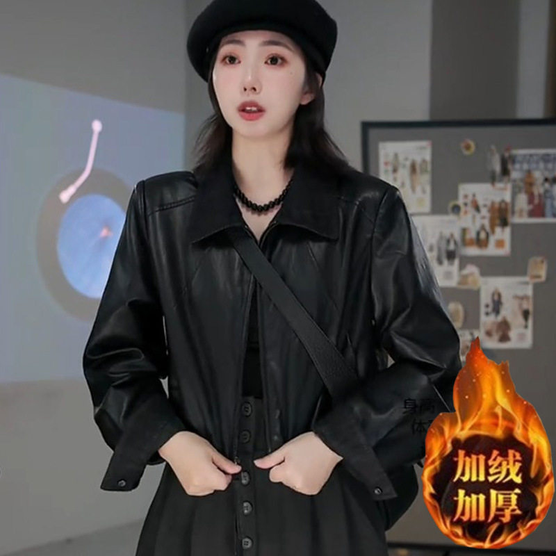 翻领短款PU皮衣外套女2026冬季新款直播加绒加厚百搭机车夹克上衣