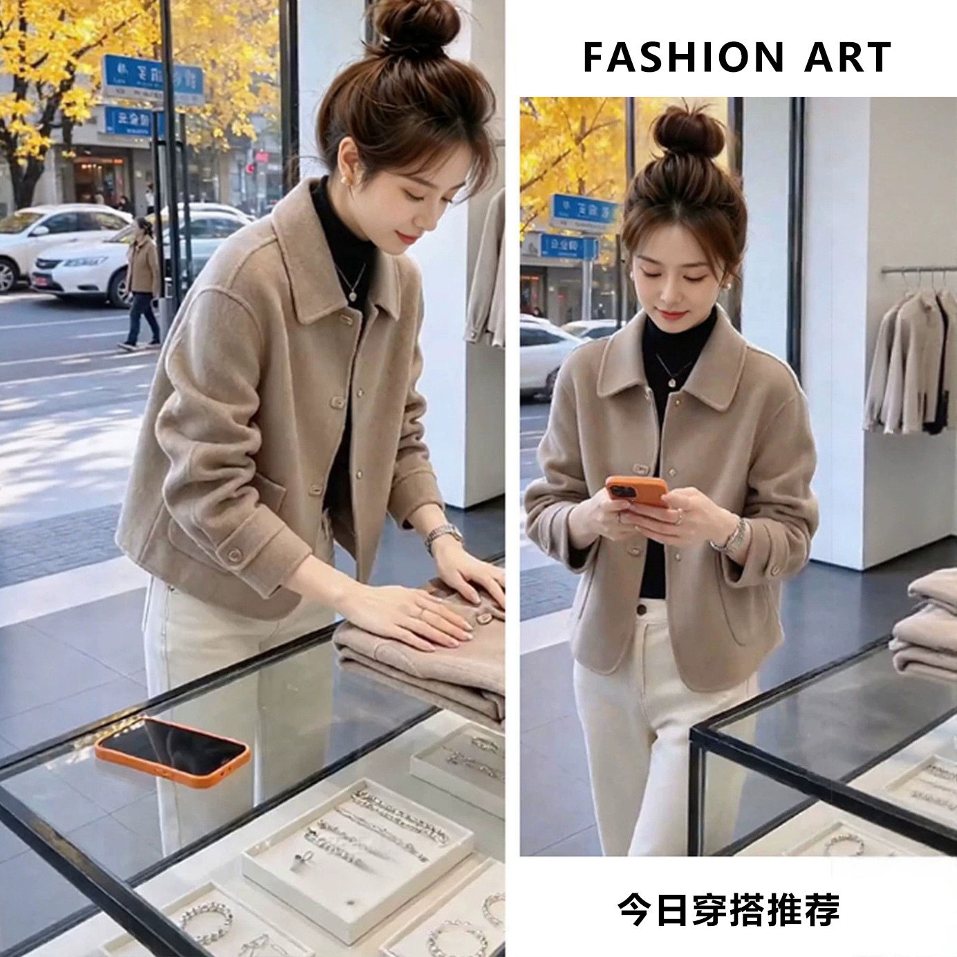 时尚品牌女装小个子温柔翻领毛呢大衣宽松气质简约短外套秋冬小众