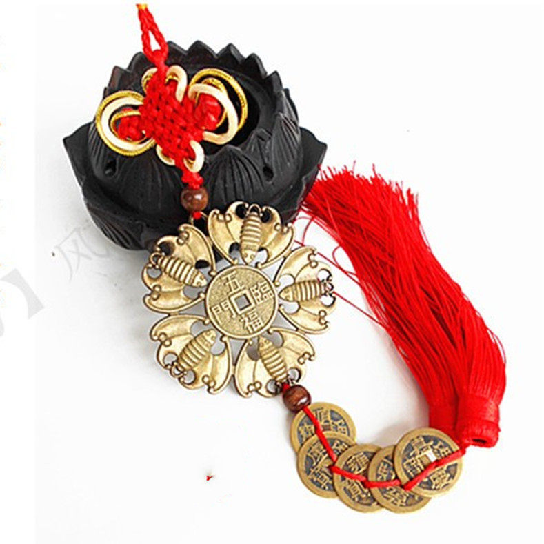 铜五帝钱五福临门蝙蝠汽车挂件车内饰品横梁红黄中国结客厅挂饰