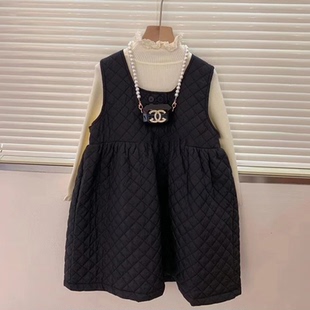 韩版童装2025秋冬新款女童洋气森系菱格连衣裙宝宝时尚夹棉背心裙