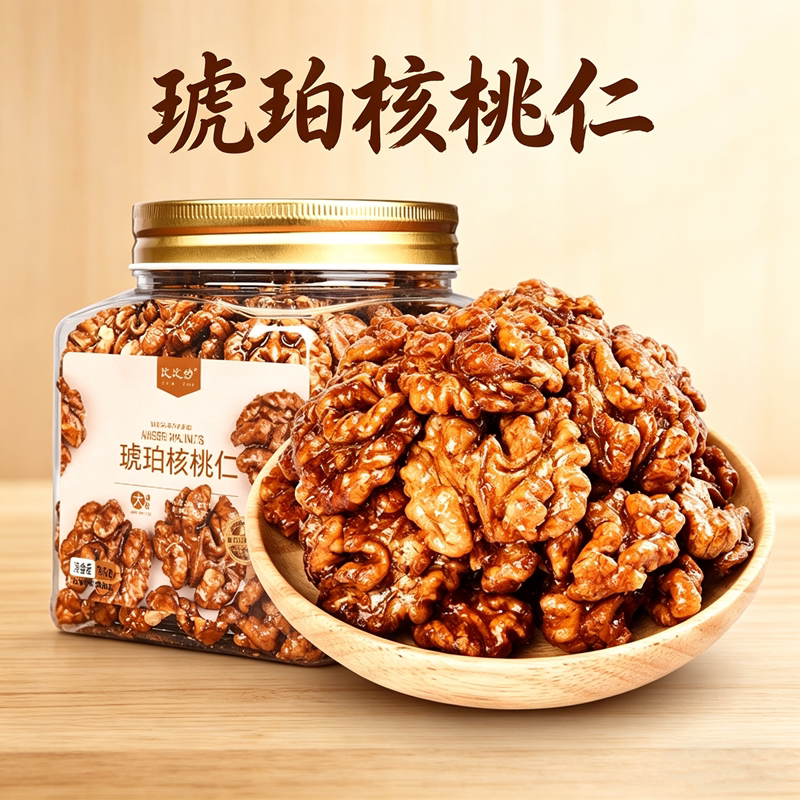 比比妙琥珀山核桃仁蜂蜜味500g罐装干果坚果核桃肉休闲零食小吃图片