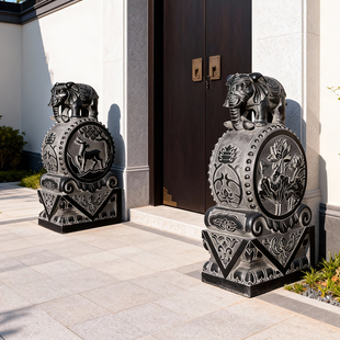 石雕抱鼓石门墩一对天然青石庭院门口摆件石头墩子户外小象石鼓