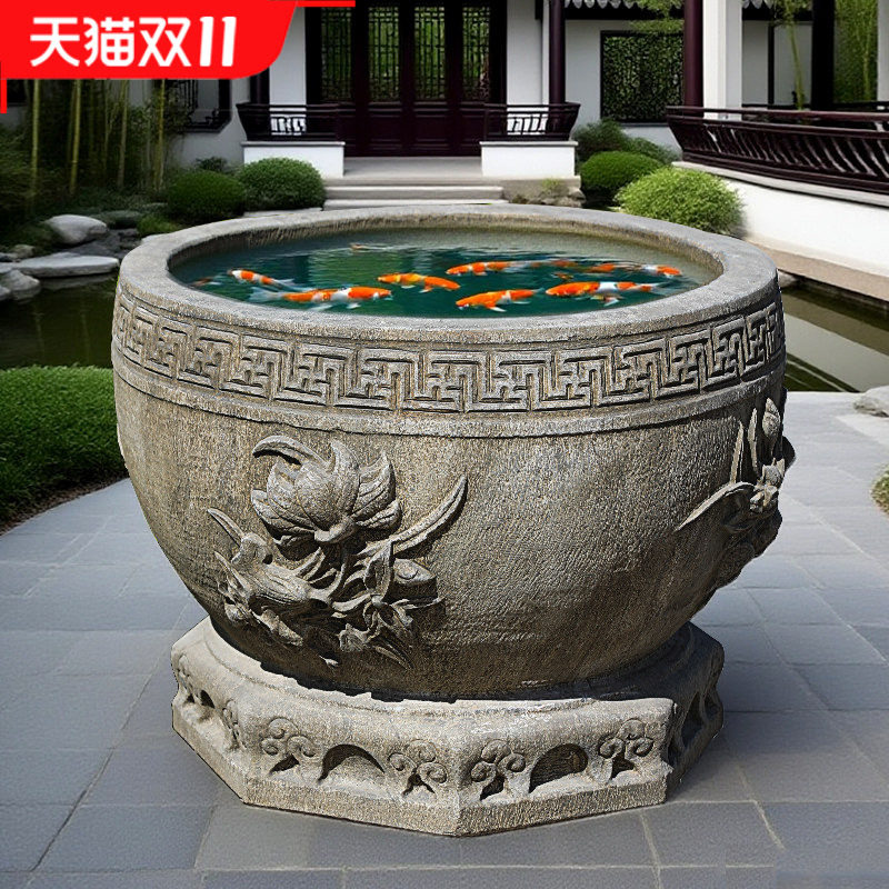 石雕鱼缸花盆天然青石大缸门海仿古养鱼户外石头石缸庭院水缸