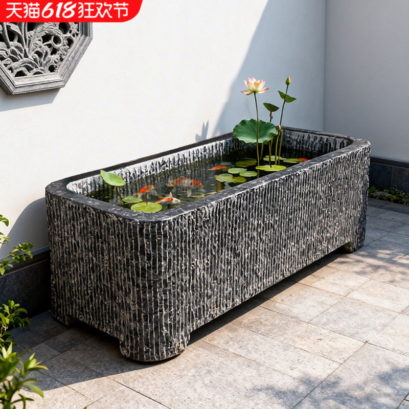 石雕鱼缸水槽家用天然青石长方形流水造景风水摆件庭院花盆门海