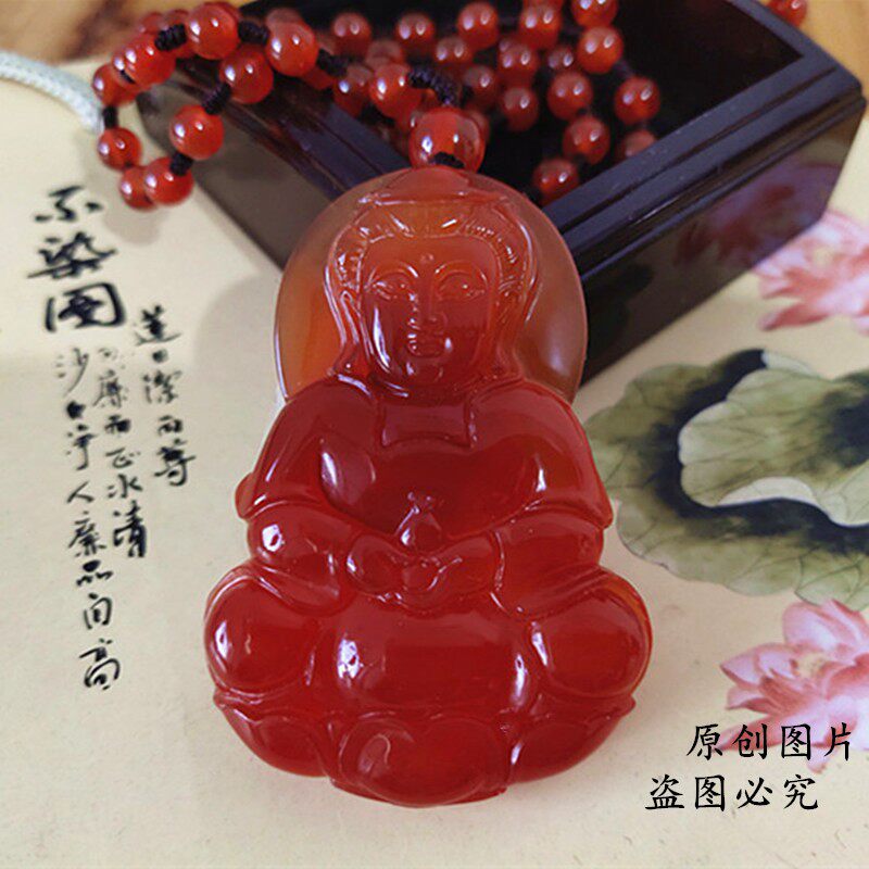 天然红玛瑙大观音吊坠男红玉髓项链本命年保平安观世音菩萨玉佩石