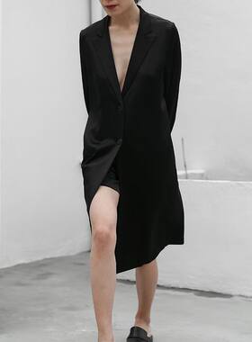 春秋女士黑色原创设计长款单排扣衬衣极简宽松显瘦衬衣连衣裙子女