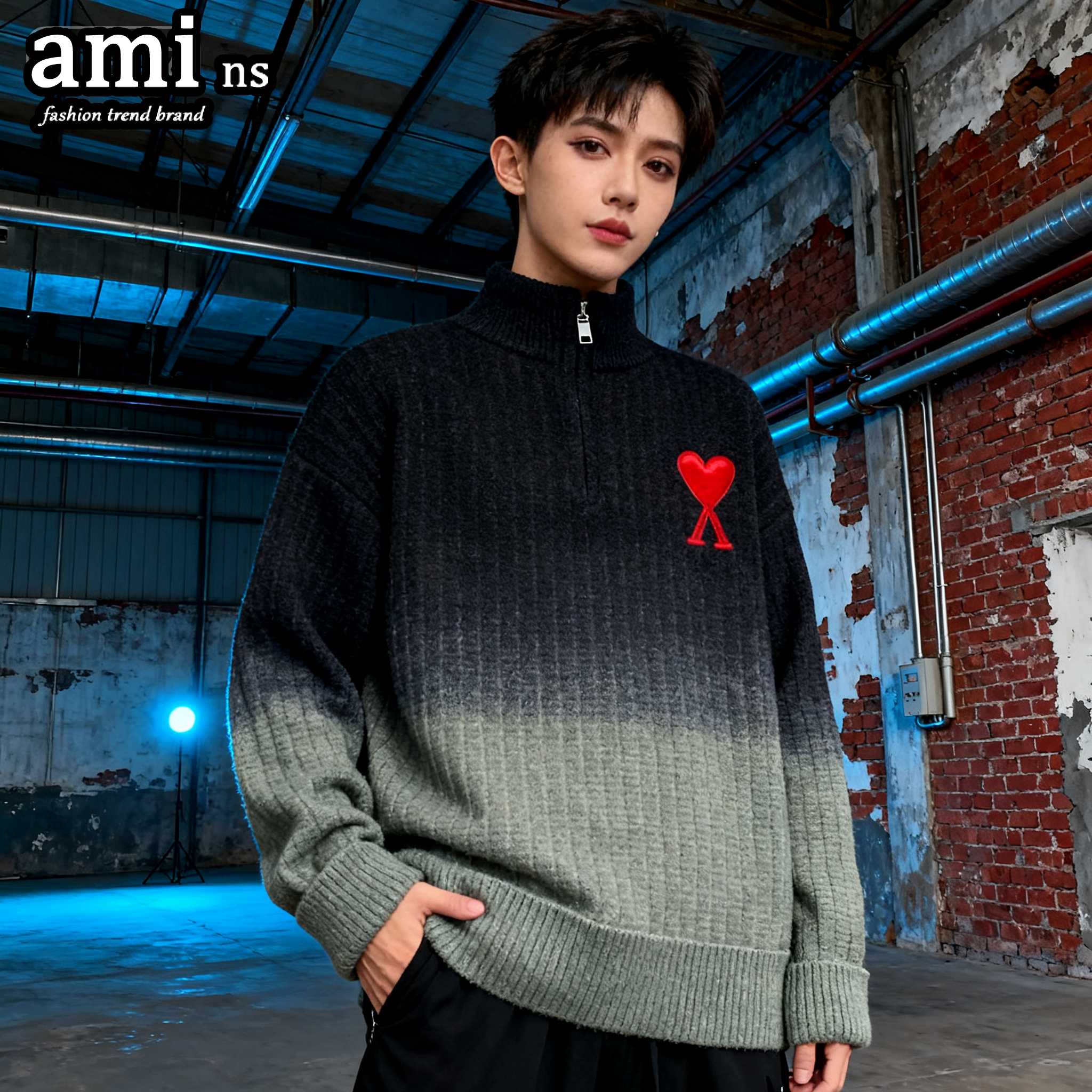 AMI秋冬半拉链情侣立领针织毛衣