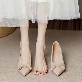 气质配裙子单鞋 漆皮裸色粗跟尖头中跟5cm高跟鞋 女7厘米2024春秋款