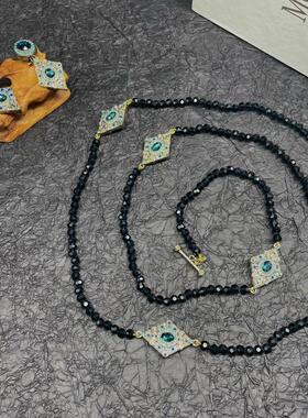 中古饰品欧美重工打标vintage镀真金满皓石耳钉轻奢紫水晶毛衣链