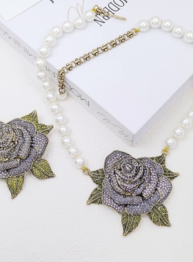 男女紫色玫瑰花项链胸针镶钻珍珠