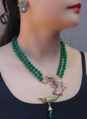 1433studio青岛中古孔雀复古羽毛胸针彩色满钻鲜艳绚丽项链耳坠