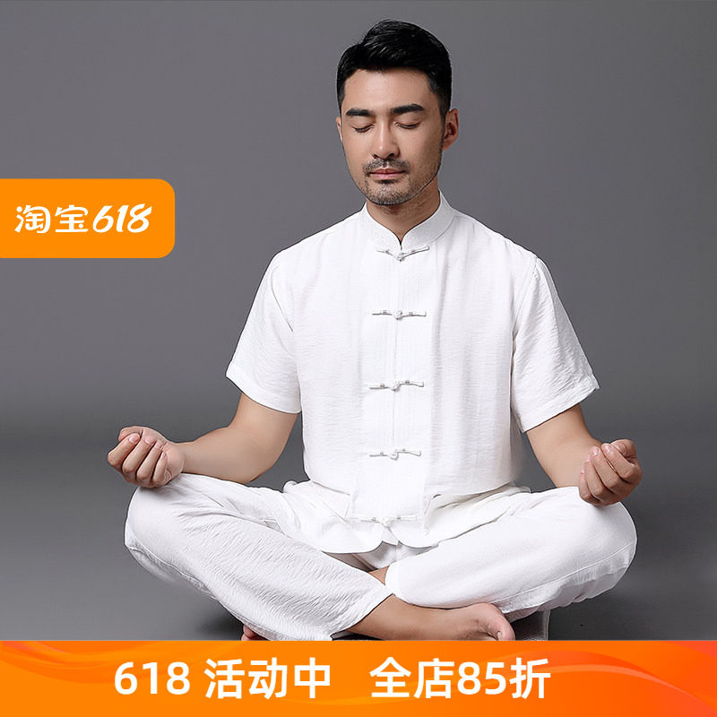 中式唐装男棉麻套装夏季短袖衬衫中国风宽松盘扣休闲爸爸装禅服男