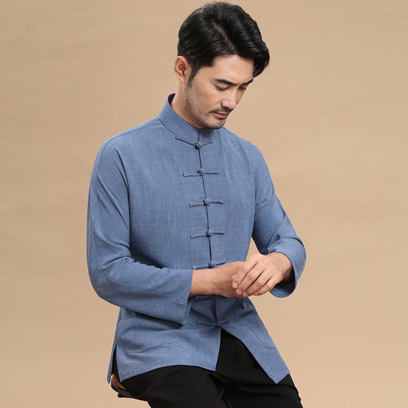 唐装男春秋季长袖盘扣衬衫