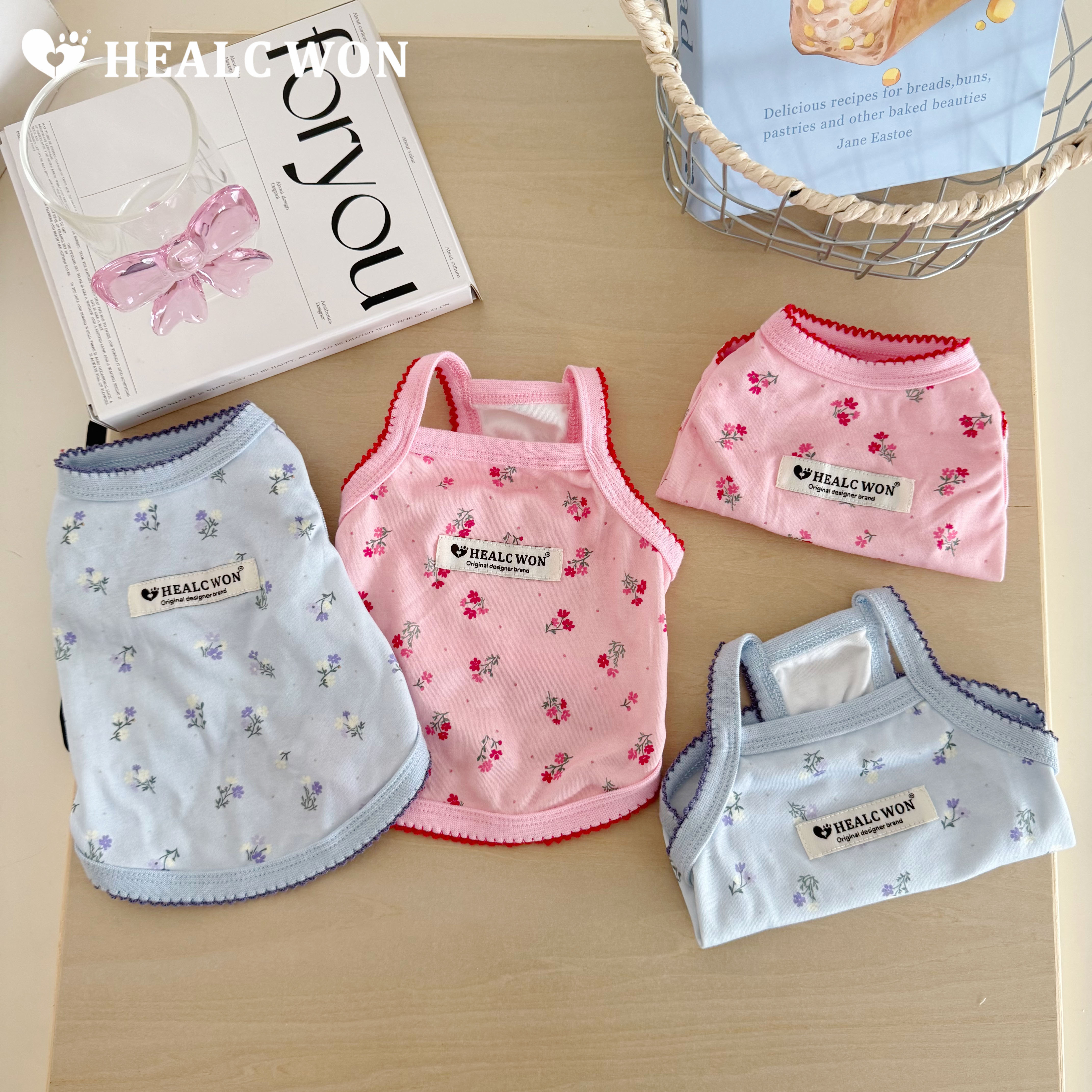 HC原创宠物衣服蓝粉色碎花韩系ins风猫咪狗狗纯棉背心抗菌家居服