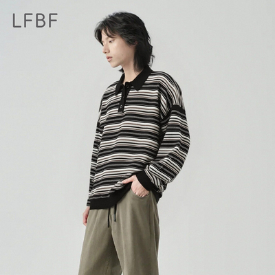 LFBF复古条纹POLO领针织衫男宽松长袖毛衣保暖撞色