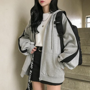 2022新款韩版秋冬女装原宿风加绒连帽卫衣女拼色刺绣字母拉链外套