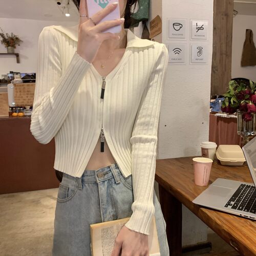 2023新款设计感小众秋季v领修身短款拉链长袖针织衫学生上衣内搭