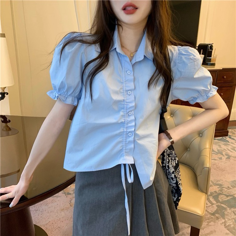 法式泡泡袖短袖衬衫女设计感小众夏季百搭新款别致独特短款上衣服